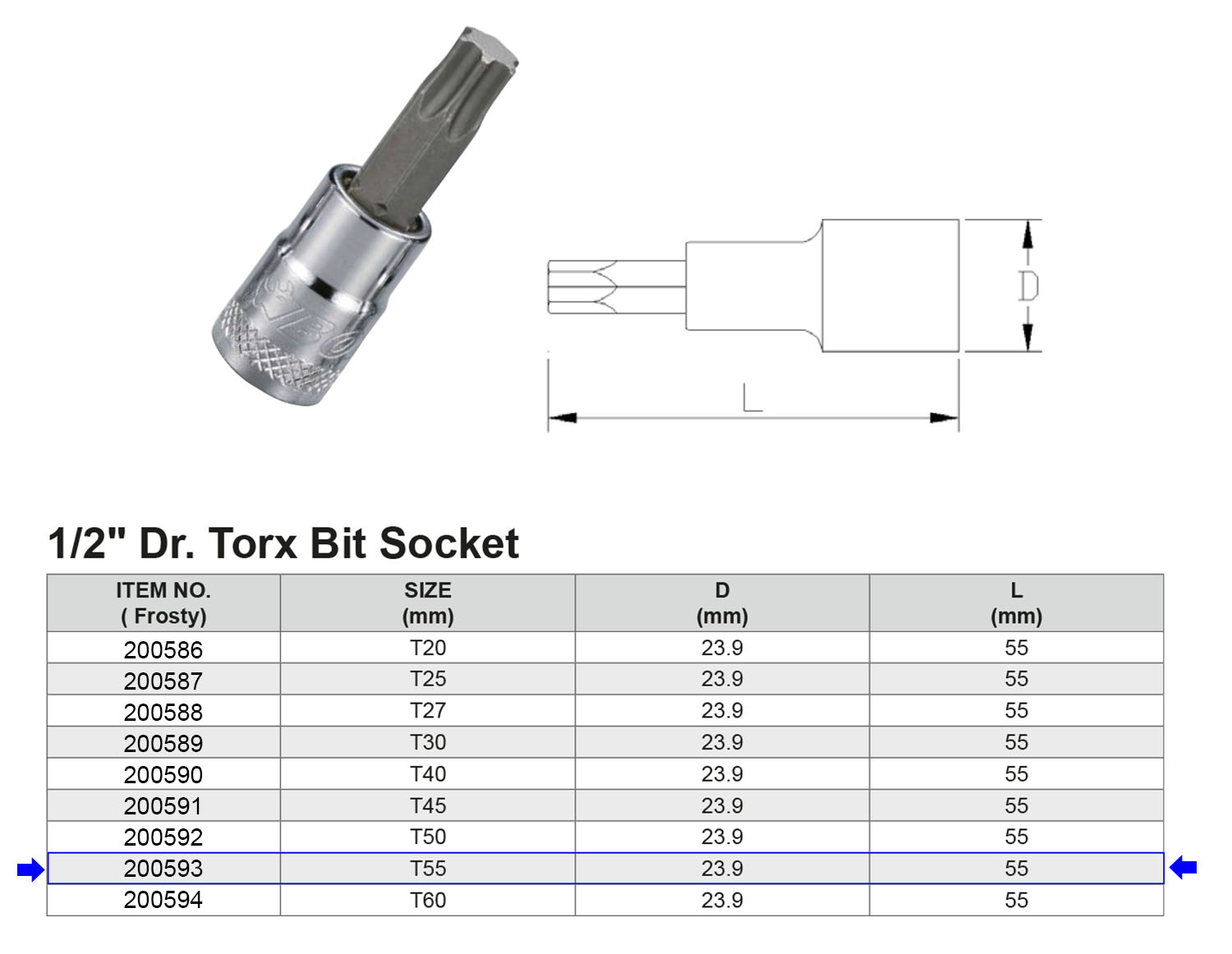 Embout - 8 mm (5/16) - profil T (pour Torx) T55